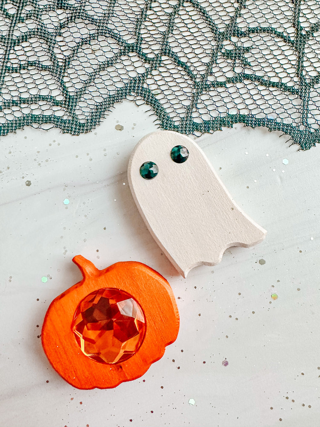 Wooden Pumpkin & Ghost with Gems